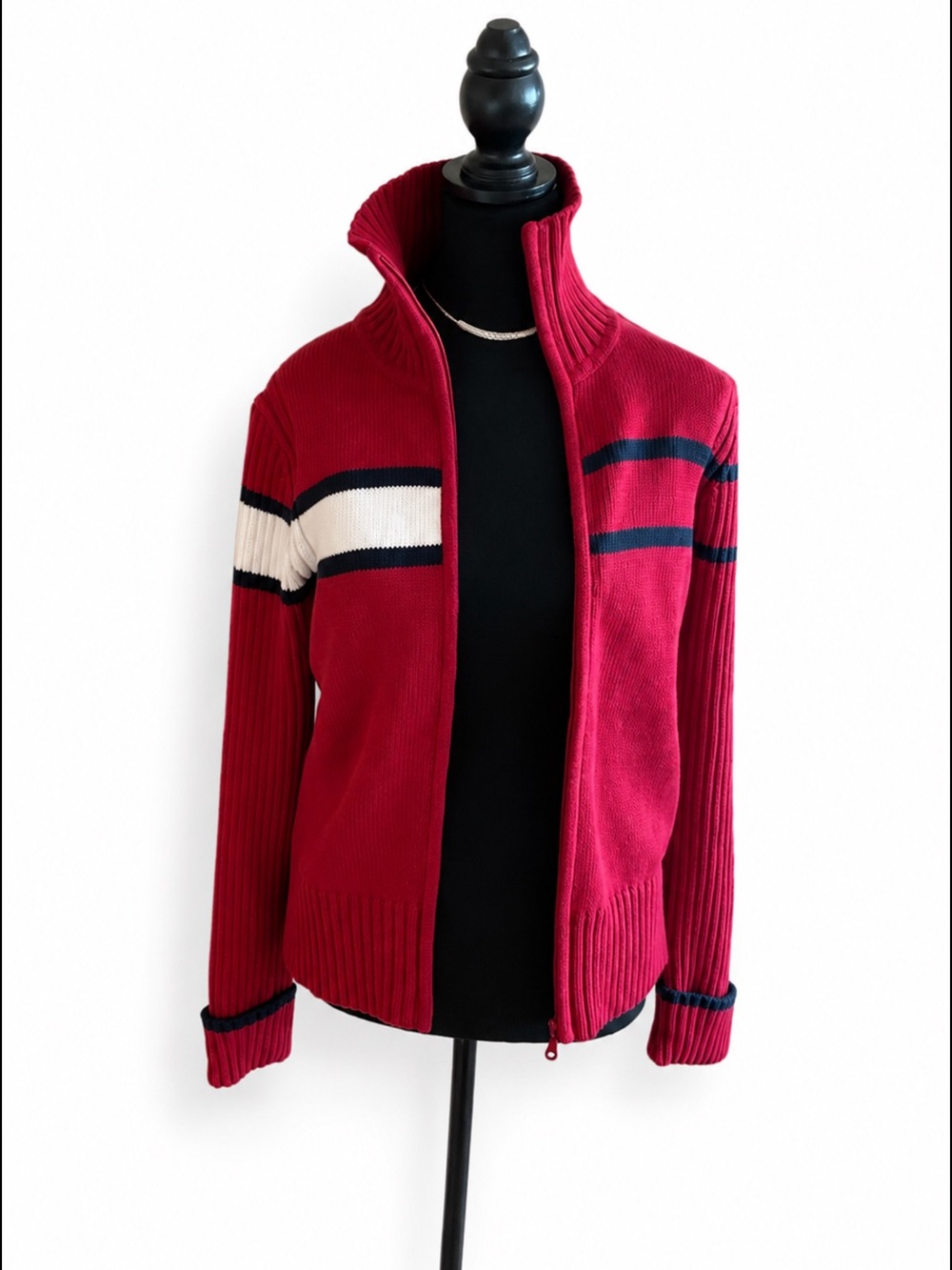 Tommy Hilfiger Red Striped Full-Zip Mock Neck Sweater Size M - Picture 4 of 9